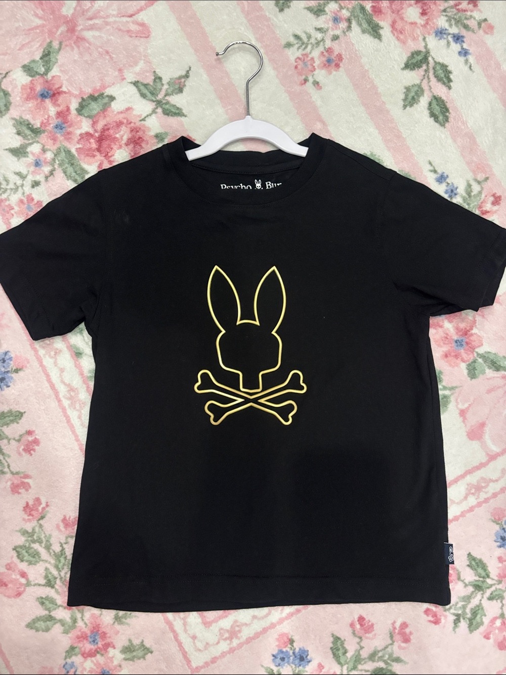 Boys Psycho Bunny Black Tee with Yellow Bunny Skull Outline